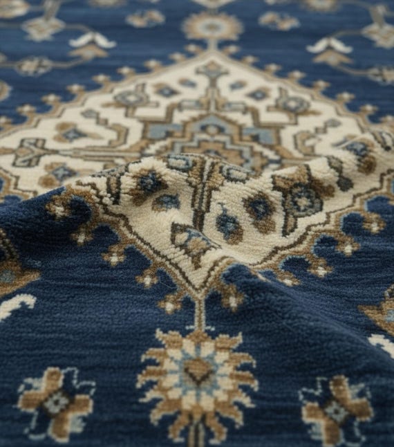 Navy Blue Medallion Turkish Oushak Rug, Hand Knotted Oriental Floral Wool Rugs for Bedroom
