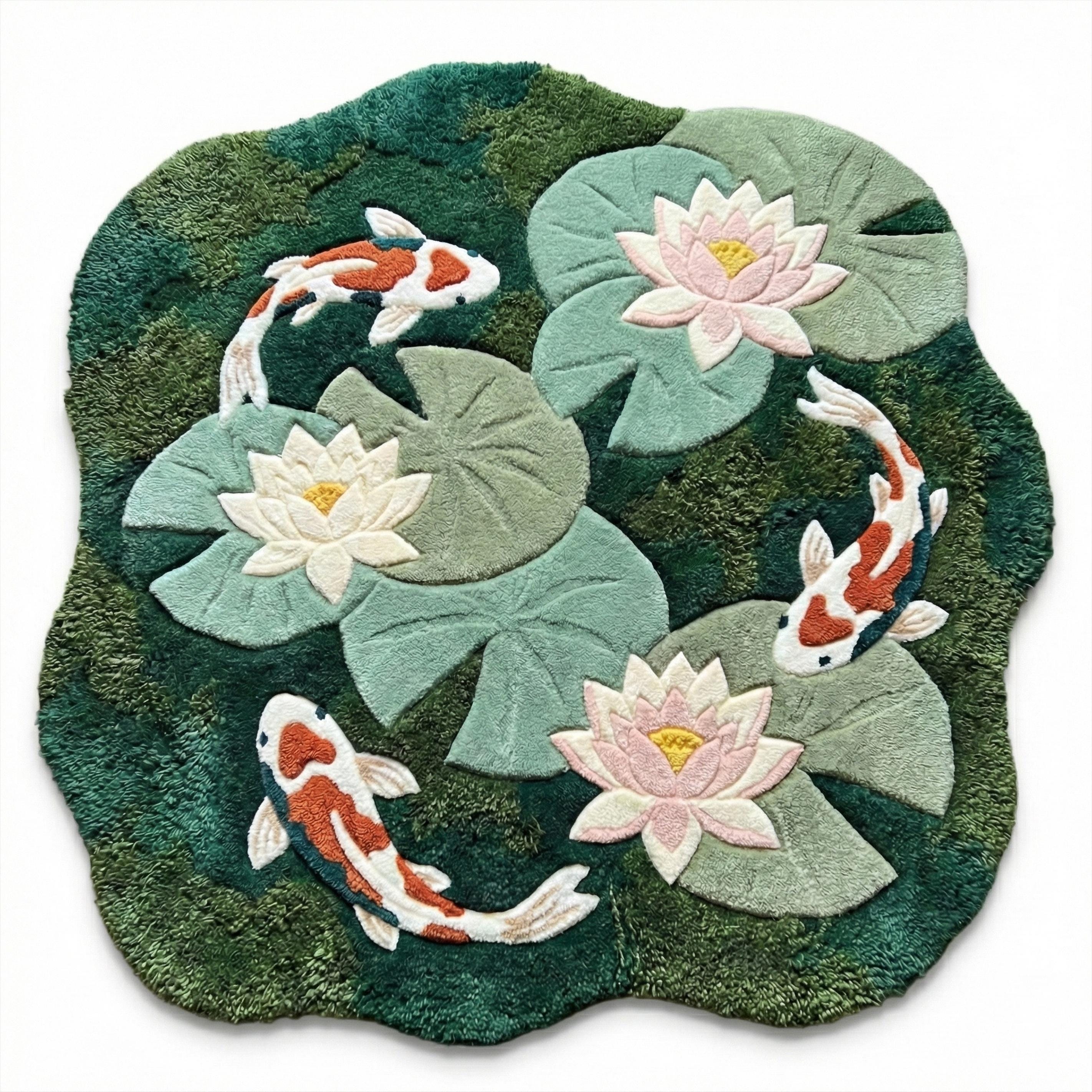 Pond Colors Rug Moss Green Koi Fish Floral Wool Rug, Irregular Hand Tufted Nature Pond ...