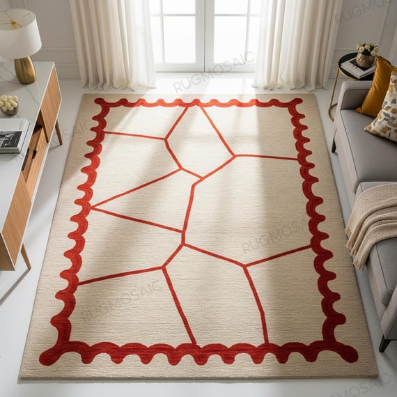 Light Beige Red Trellis Pattern Hand Tufted Geometric Area Rugs for Living Room, Modern Wavy Soft Wool Bedroom Rug 8x10, Custom Floor Carpet