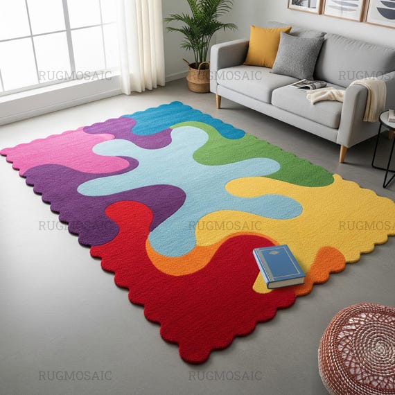 Colorful Wavy Edge Hand Tufted Abstract Puzzle Design Custom Wool Area Rugs for Living Room, Modern Handmade Organic Shape 6x9 Kids Room Rug