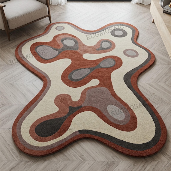 Irregular Off White Burnt Orange Grey Modern Amoeba Shape Hand Tufted 6x9 Kids Room Rug, Abstract Layered 8x10 Wool Area Rug for Living Room