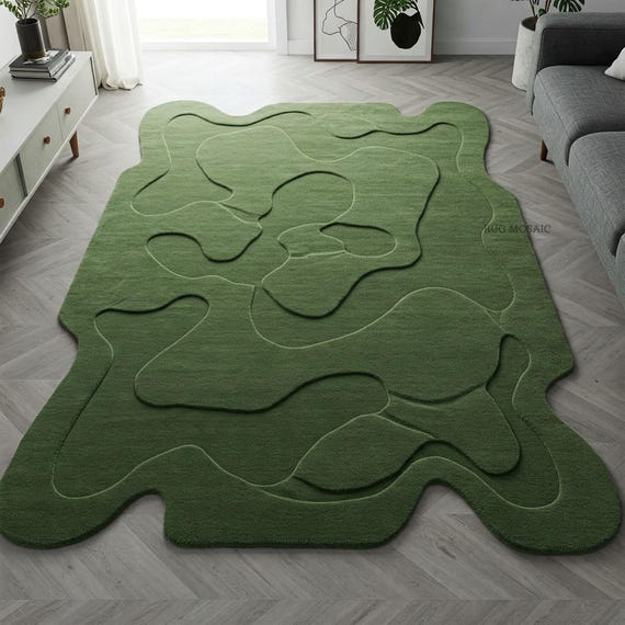 Muted Green Irregular Hand Tufted Amoeba Shape Wool Rug for Living Room, Modern Abstract Layered Design 8x10 Bedroom Rugs, Custom Area Rugs
