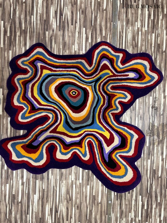 Irregular Shaped Throw Rug Illusion Pattern Multicolor Hand-Tufted 100% Wool Handmade Area Rugs for Living room