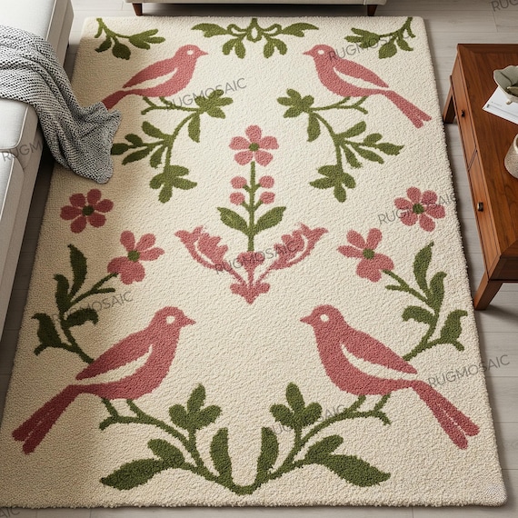 Off White Hand Tufted Floral Bird Rugs, Modern Pink Green Botanical Bedroom Wool Rug, Soft Textured Living Room Area Rug, Custom Nursery Rug