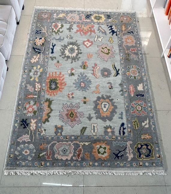 Modern Oushak Rug Light Blue and Grey Rug Hand knotted Contemporary Oushak Rugs Living room 6x9, 8x10 Handmade Area Wool Rug for Home Decor