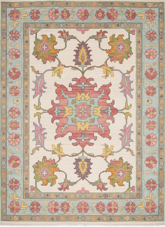 Ivory Colorful Floral Oushak Rug, Blue Pink Bordered Hand Knotted Wool Rug For Bedroom, 5x8 8x10 9x12 Living Room Rugs, Contemporary Carpet