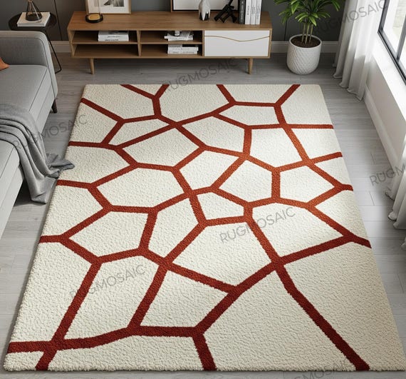 Modern Geometric Off White Brunt Orange Hand Tufted Rugs Abstract Design Wool Area 6x9 8x10 9x12 Living Room Rug, Unique Custom Floor Carpet