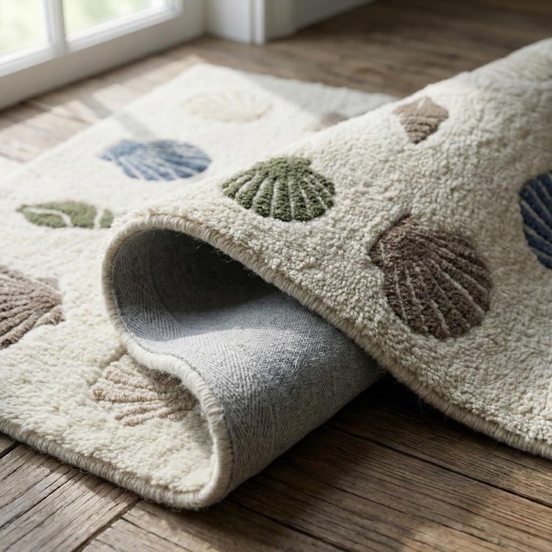 Sea Shell Patern Rug Ivory Seashell Wool Area Rug, Abstract Hand Tufted Ocean Inspired Rugs ...