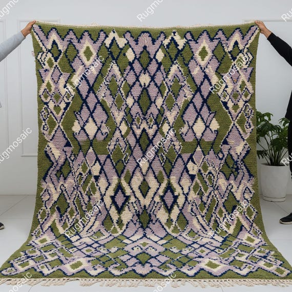 Multicolor Geometric Hand Knotted Moroccan Diamond Pattern Rugs for Dining Room, Modern Contemporary Soft Warm Natural Wool Living Room Rug