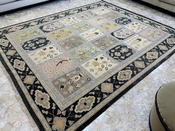 Beige, Black and Faded Blue Floral Turkish Oushak Hand Knotted Contemporary rug 5x8, 6x9, 8x10, 9x12, 10x14 ft Handmade Rugs for Living Room