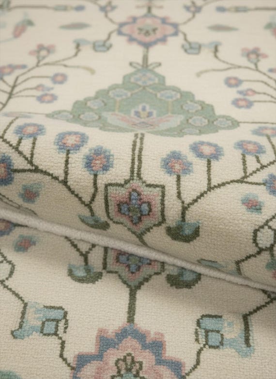 Ivory Light Blue Oushak Wool Rug, Hand Knotted Floral Medallion Area Rugs for Bedroom