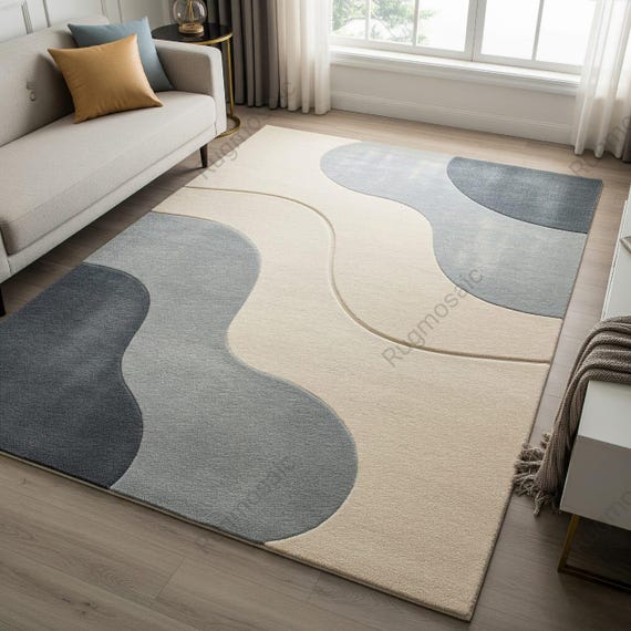 Off White Blue Grey Wavy Hand Tufted Abstract Wool Area Rugs for Living Room, Modern Eco Friendly Custom Size Contemporary Dining Room Rug