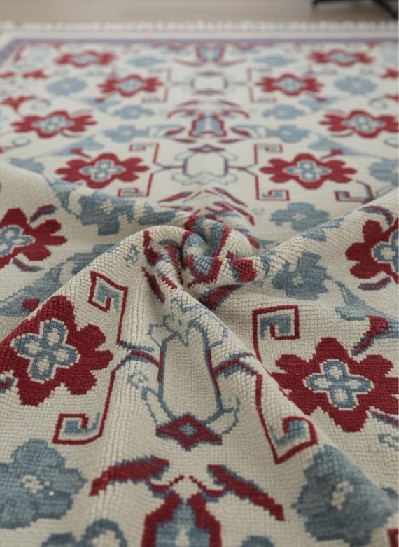 Ivory Red Blue Floral Oushak Rug, Traditional Hand Knotted Wool Area Rug For Bedroom, 4x6 5x8 6x9 8x10 Living Room Rugs, Kitchen Dining Rug