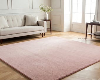 Alfombra de lana rosa ruborizada hecha a mano, moderna y lisa, para sala de estar.