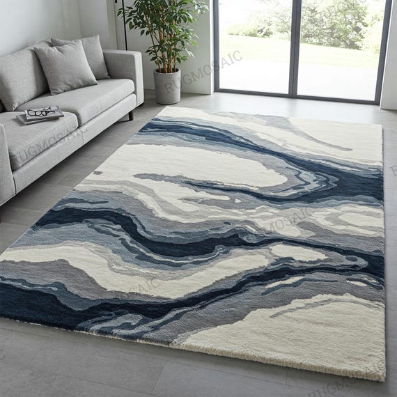 Modern Blue Grey Off White Hand Tufted Wavy Custom Area Wool Rugs for Living Room, Abstract Contemporary Marble Design Bedroom Carpet 8x10