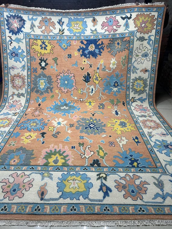 Rust Orange Oushak  Rug Blue, Yellow and soft Pink Accent Contemporary rug 3x5, 4x6, 5x8, 6x9, 8x10, 9x12 Wool Rugs for Living Room