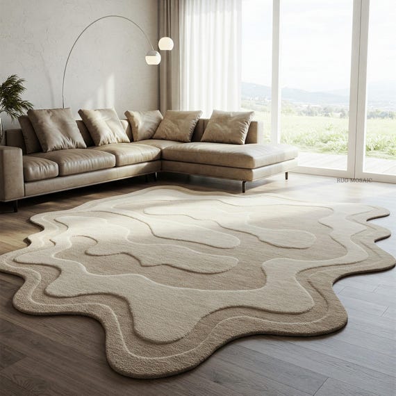 Beige and cream tones Irregular Hand Tufted Rug, Layered Abstract Wool Carpet for Living room 5x8, 8x10, 9x12 Handmade Custom Area Rug 5x7