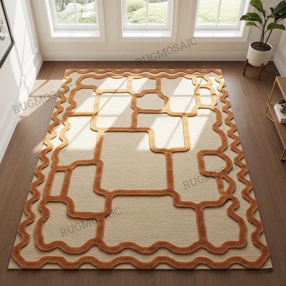 Neutral Beige Abstract Hand Tufted Brunt Orange Wavy Edge Wool Area Rug for Bedroom, Retro Modern Custom Tuft  Organic Shape Living Room Rug