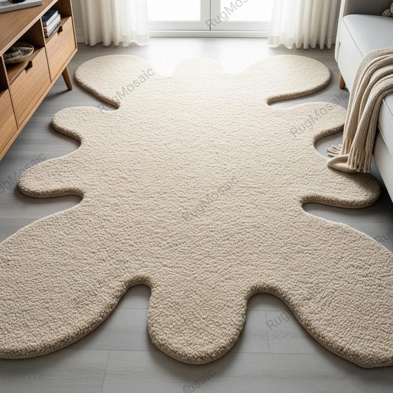 Solid Cream Irregular Organic Shape Hand Tufted Wool Rugs For Living Room, Modern Unique 5x8 8x10 Area Rugs For Bedroom, Kids Room Carpet