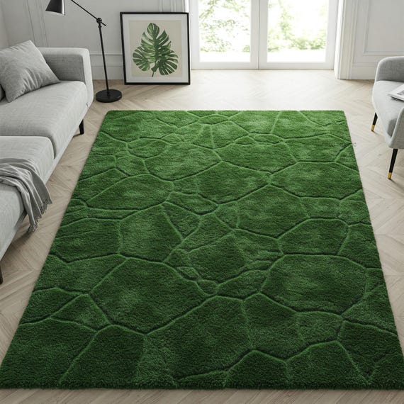 Dark green tufted rug Modern abstract polygonal Soft textured rug living room 5x8, 6x9, 8x10, 9x12 handmade custom area wool rugs bedroom