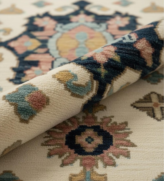 Hand Knotted Ivory Floral Oushak Rug, Contemporary 8x10 6x9 5x8 4x6 Wool Area Rug For Bedroom, Traditional Handmade Botanical Carpet