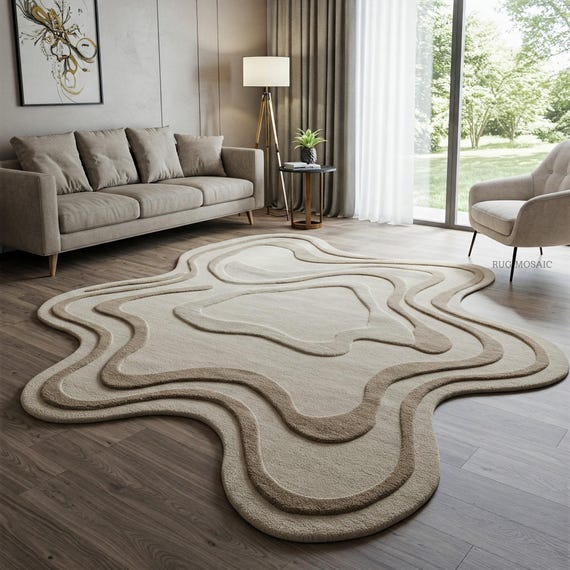 Neutral Tones Modern Irregular Hand Tufted Abstract Rugs Amoeba Layered rug  for Living room Bedroom contemporary handmade wool rug 4x6,5x7