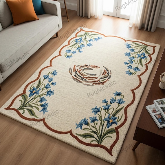 Off White Floral Hand Tufted Fish Designer Wool Rugs For Bedroom, Custom Handmade Living Room Area Rugs, Modern Tuft Carpet For Kids Room