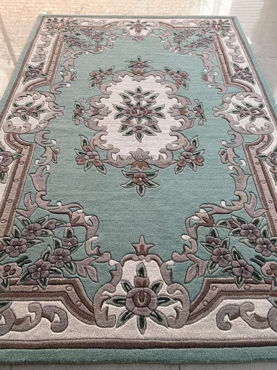 Sky Blue, Off white, Light Brown and dark Green Floral Hand Tufted Rug for Living room Handmade Area Wool Rugs for Bedroom 8x10, 9x12, 10x14