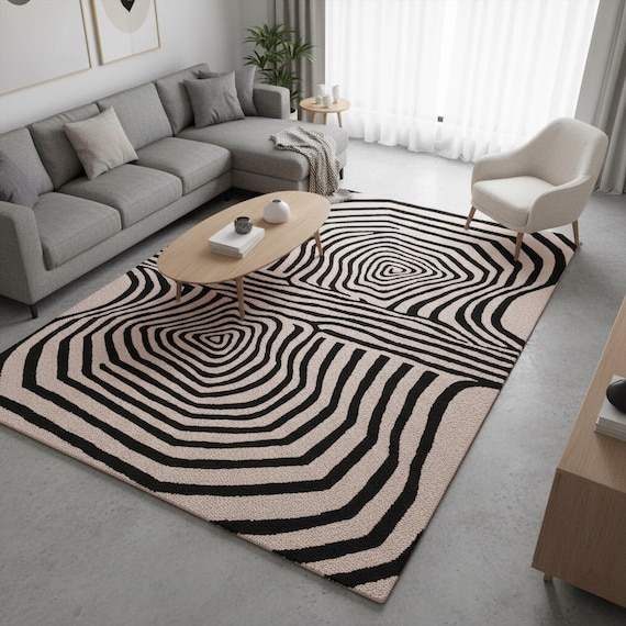 Soft Beige Black Abstract Hand Tufted Rug, Modern 3d Illusion Wool Rugs for Bedroom