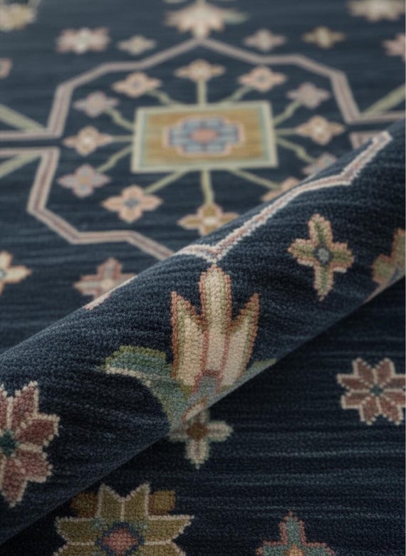 Deep Navy Blue Floral Oushak Rug, Hand Knotted Blush Pink Oriental Wool Rug, 8x10 Traditional Low Pile Custom Area Rugs for Living Room