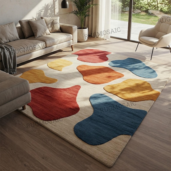 Neutral Beige Modern Contemporary Red Mustard Yellow Teal Blue Organic Shaped Hand Tufted Abstract Wool Area Rug for Living Room Bedroom 6x9
