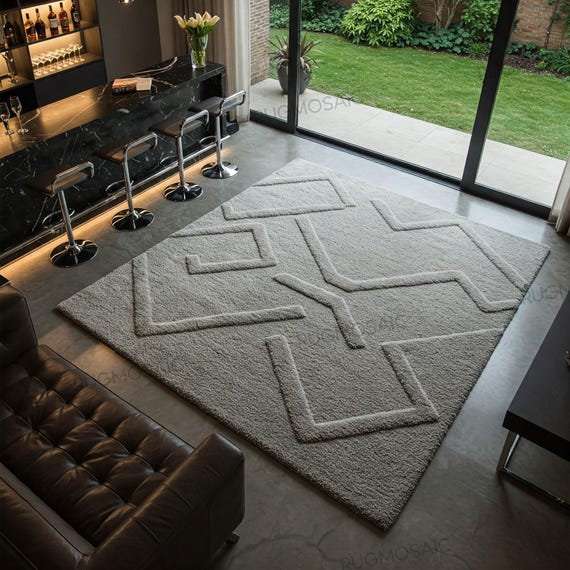 Soft Beige Modern Hand Tufted Geometric Wool Area Rug for Living Room, Abstract Minimalist Custom Floor 5x7 8x10 Bedroom Rug, Kitchen Carpet