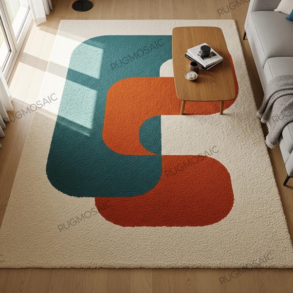 Ivory Hand Tufted Abstract Wool Rug, Teal Burnt Orange Modern Bedroom Rugs, Unique Geometric Design Area Rug for Living Room, Dining Carpet