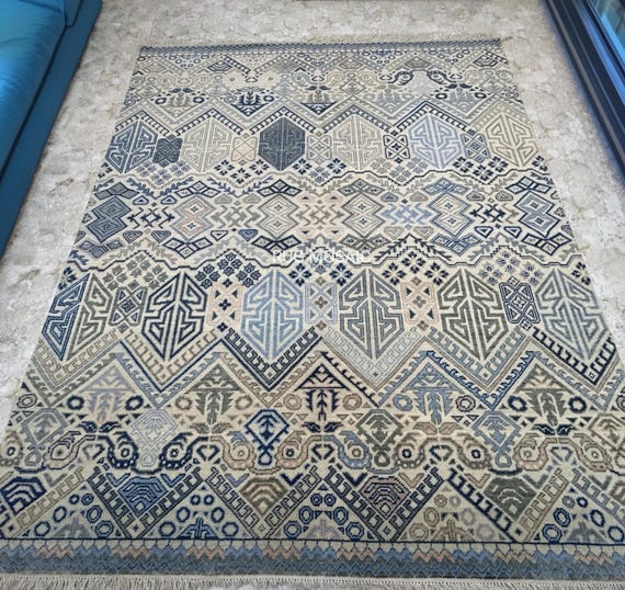 Handmade Turkish Oushak Hand Knotted Beige, Blue and Green Accent Geometric Contemporary rug 8x10, 9x12, 10x14 Rugs for Living Room, Bedroom