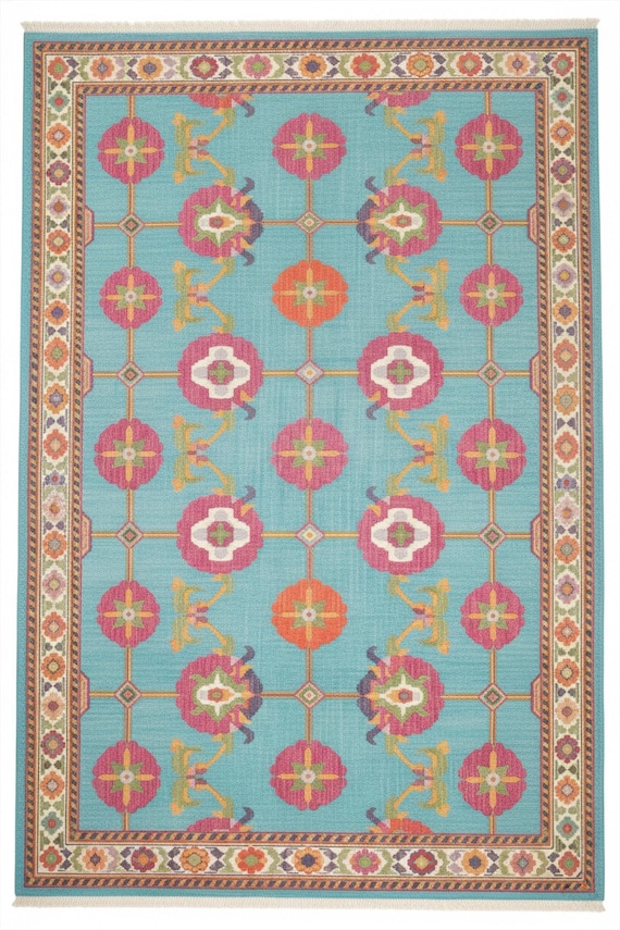 Aqua Blue Floral Geometric Grid Oushak Wool Rug, Hand Knotted Pink Orange Accent 5x8 8x10 Area Rug For Bedroom, Traditional Handmade Rug