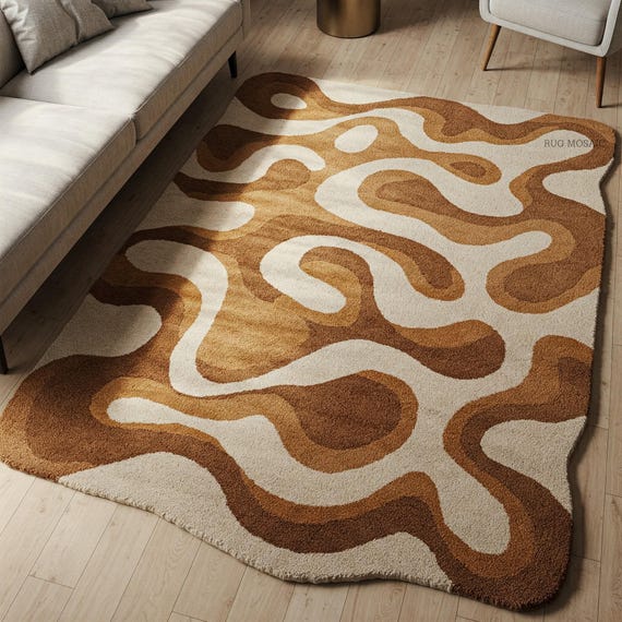 Wavy Brown Tufted Rug Brown and Beige Sculpted Modern Abstract Wool Rug for Living room 5x8 Irregular Handmade Organic shape tufted carpet