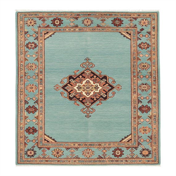 Modern Oushak rug Light blue Geometric Border Central Diamond Oushak wool rug for living room 5x8, 8x10, 9x12, 10x14 Turkish Area Carpet