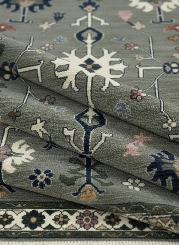 Sage Green Ivory Floral Oushak Rug, Hand Knotted Turkish Wool Area Rugs for Bedroom