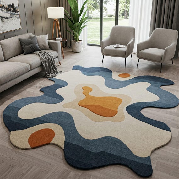 Hand Tufted Modern Art Inspired Cream, blue, and orange accent Irregular Rug Living room 8x10 Abstract Wool Rugs Bedroom Unique Texture Rug