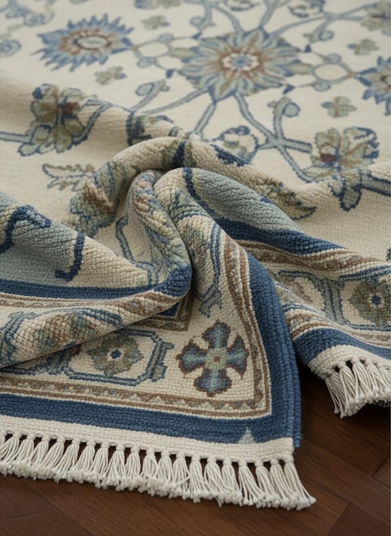 Sky Blue Floral  Ivory Oushak Rug, Traditional Hand Knotted Wool Area Rug For Bedroom, 4x6 5x8 6x9 8x10 Living Room Rugs, Kitchen Dining Rug