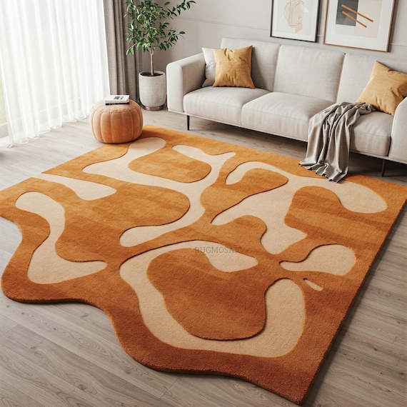 Soft Beige Burnt Orange Irregular Shape Hand Tufted Custom Wool Rug for Living Room 8x10, Modern Abstract Low High Texture Bedroom Area Rugs