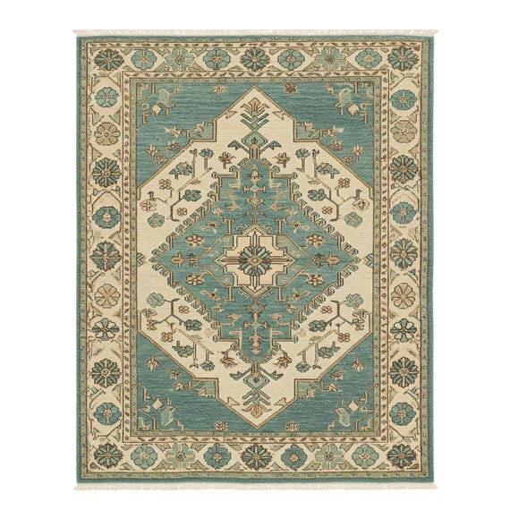 Hand Knotted Teal Cream Oushak Rug Modern Geometric Medallion Area Wool Rugs Living room 8x10, 9x12 Dining Kitchen Runner Contemporary Rug