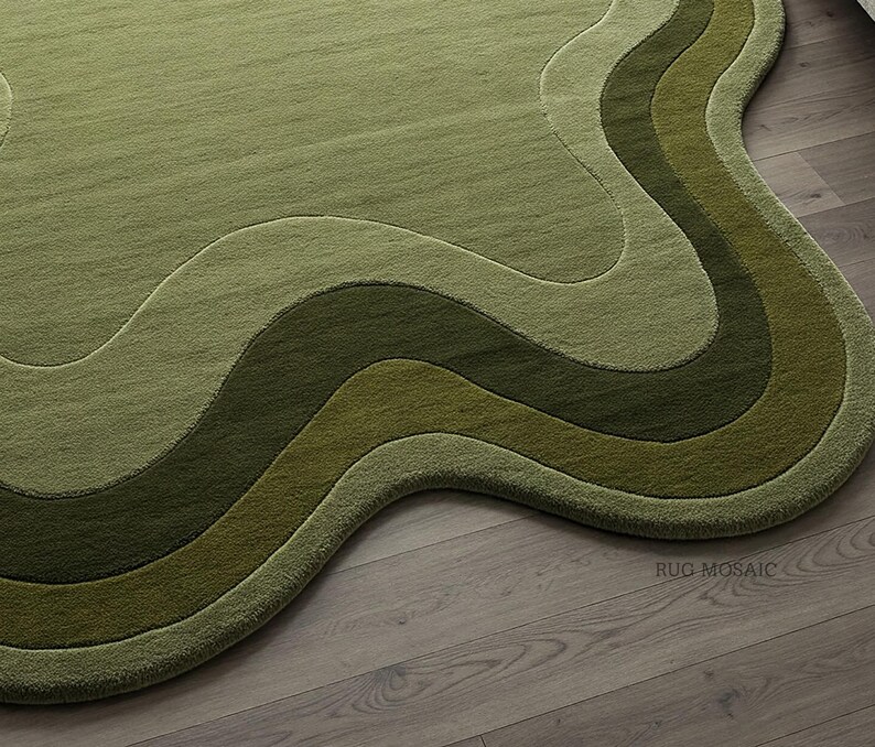 Hand Tufted Green Wool Rug, Irregular Organic Shape, Modern Abstract ...