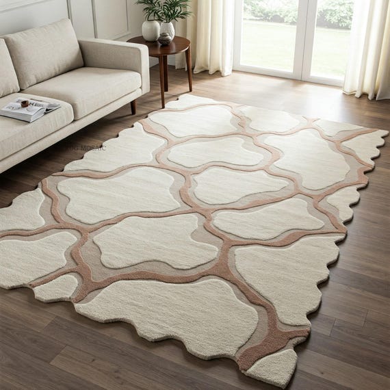 Modern Hand tufted Cream and brown abstract textured area rug 5x7, 6x9, 8x10, 9x12 Unique handmade Large tufted rugs bedroom, living room