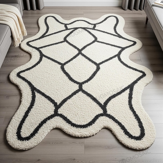 Modern Abstract Off White Irregular Hand Tufted Organic Shape Kids Room Rug, Handmade Black Geometric Design Soft Wool Area Rugs for Bedroom