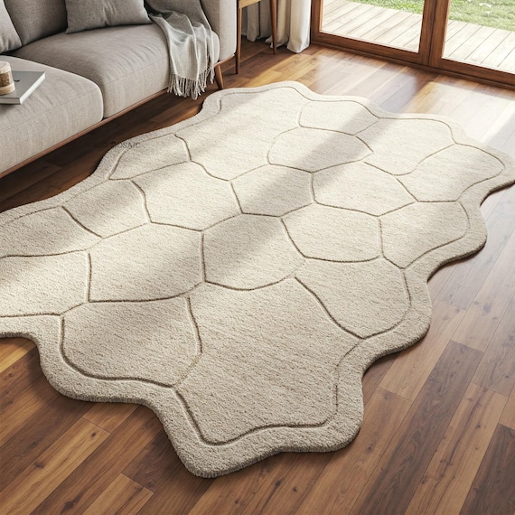 Neutral Beige Irregular Hand Tufted Hexagon Design Custom Wool Rug for Living Room, Modern Abstract Unique Texture 6x9 8x10 9x12 Area Rugs