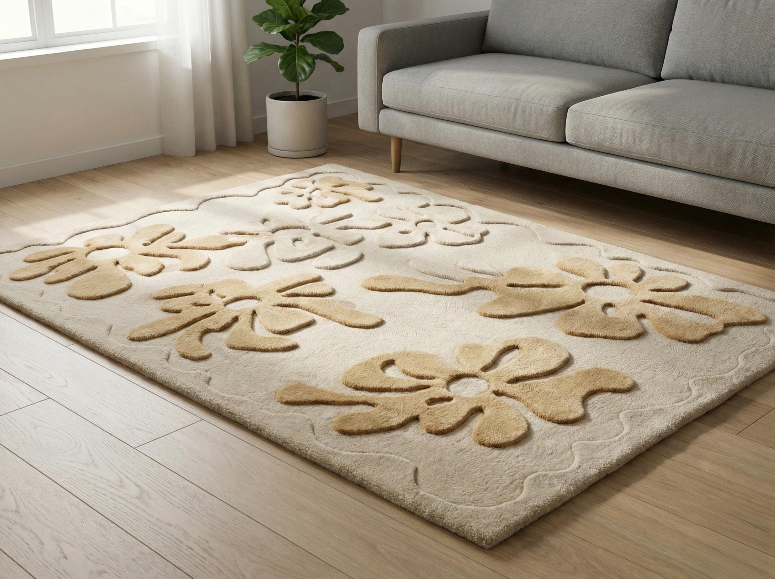 Beige Yellow Floral Tufted Wool Rug, Modern Wavy Area Rugs for Living ...