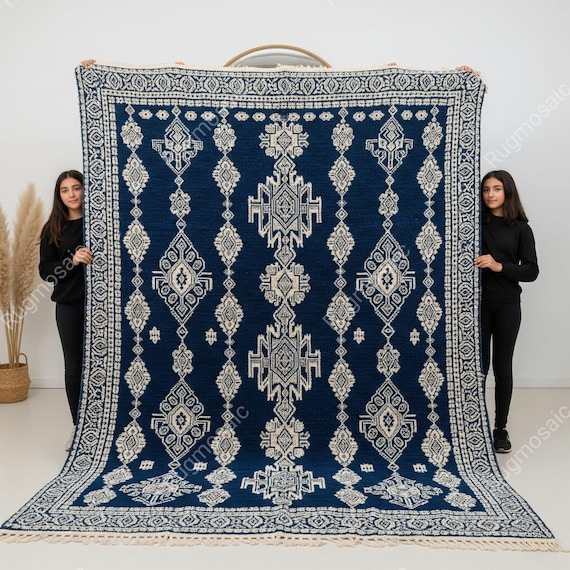Blue Off White Hand Knotted Tribal Pattern Moroccan Wool Area Rugs for Kids Room, Modern Geometric Eco Friendly Customizable Living Room Rug