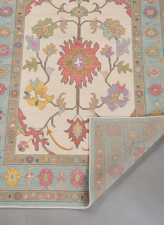 Colorful Floral Ivory Oushak Rug, Aqua Blue Bordered Hand Knotted Wool Rug For Bedroom, 5x8 8x10 9x12 Living Room Rugs, Contemporary Carpet