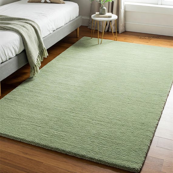 Hand Tufted Lemon Grass Muted Green Solid Pattern Area Rug for Bedroom 5x8, 6x9, 8x10, 9x12, 10x14 Handmade Wool Rugs for Living room, Hall